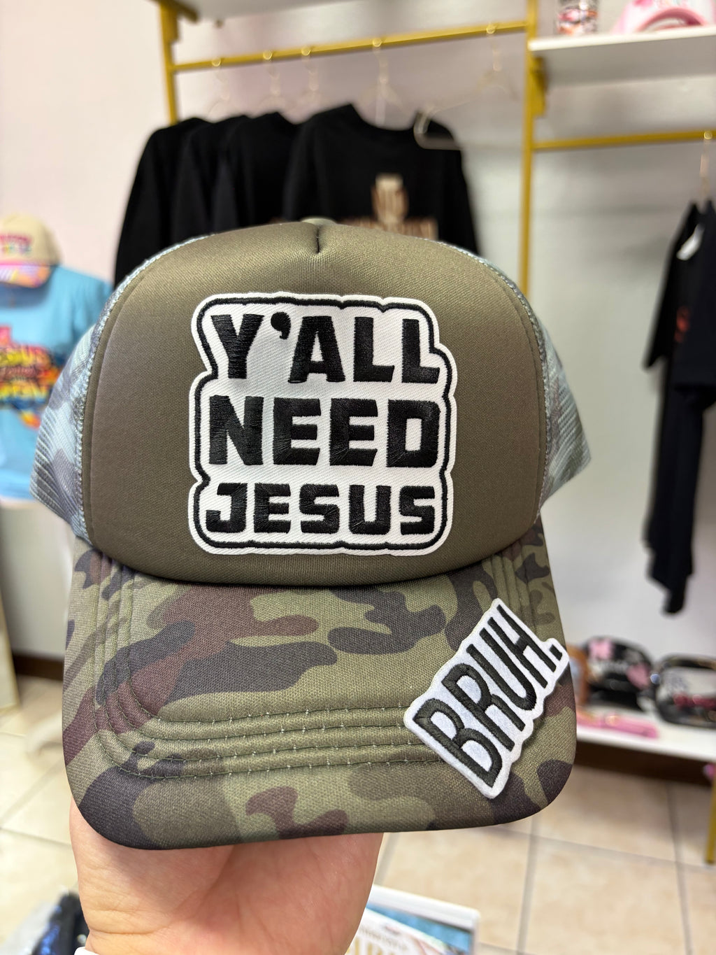 Y’all Need Jesus Trucker Hat – “BRUH!” Camo Edition