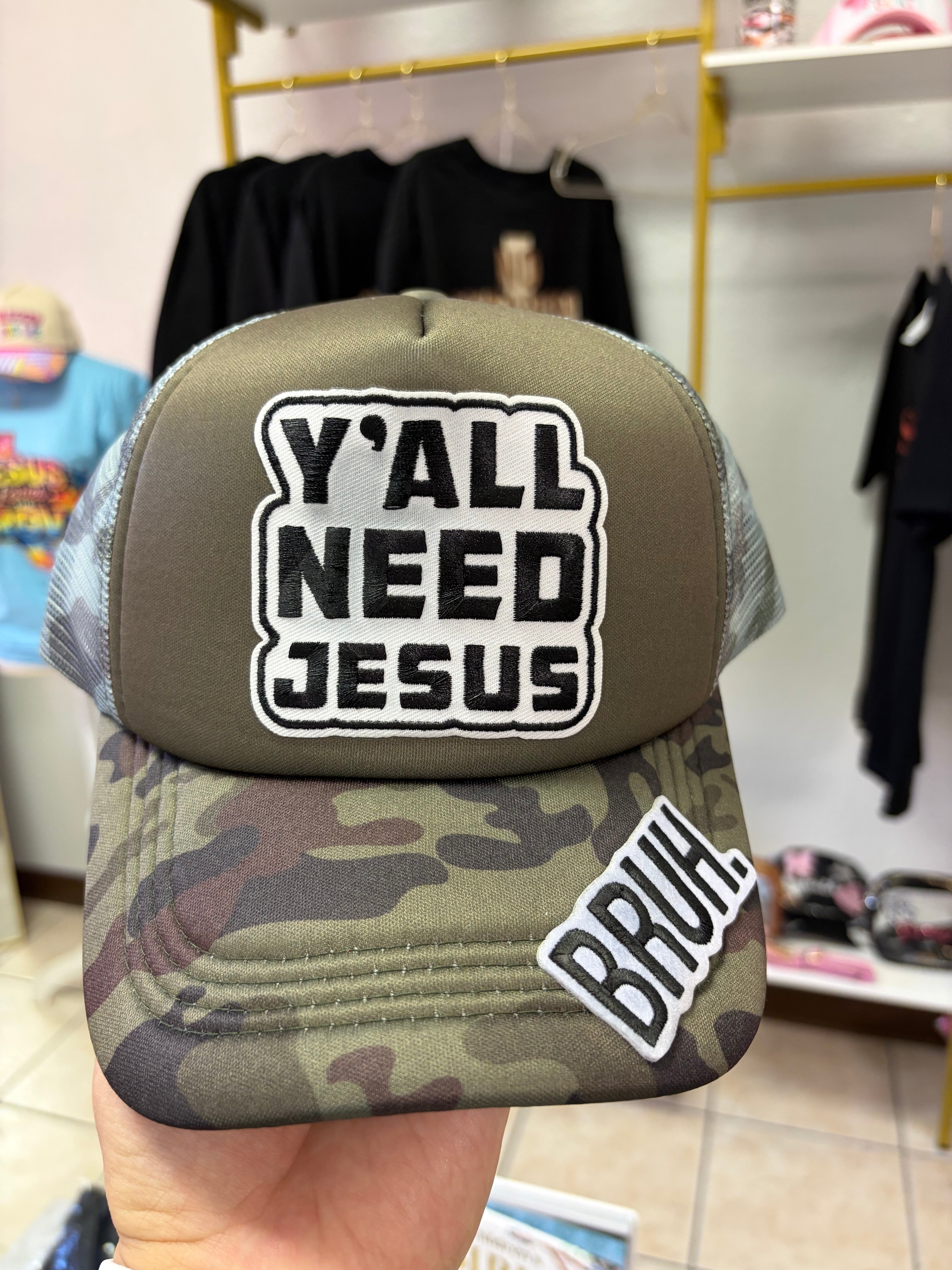 Y’all Need Jesus Trucker Hat – “BRUH!” Camo Edition