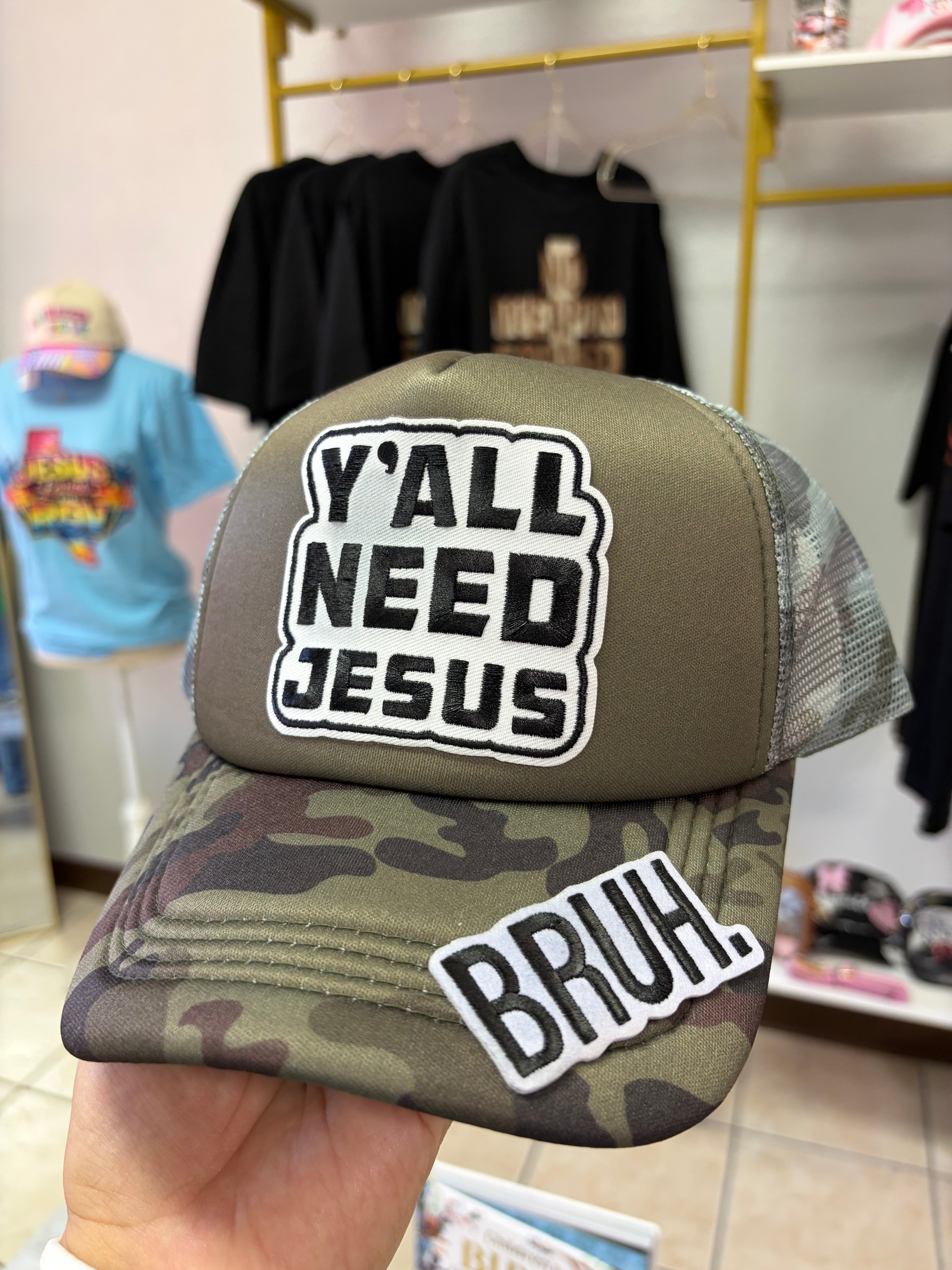 Y’all Need Jesus Trucker Hat – “BRUH!” Camo Edition