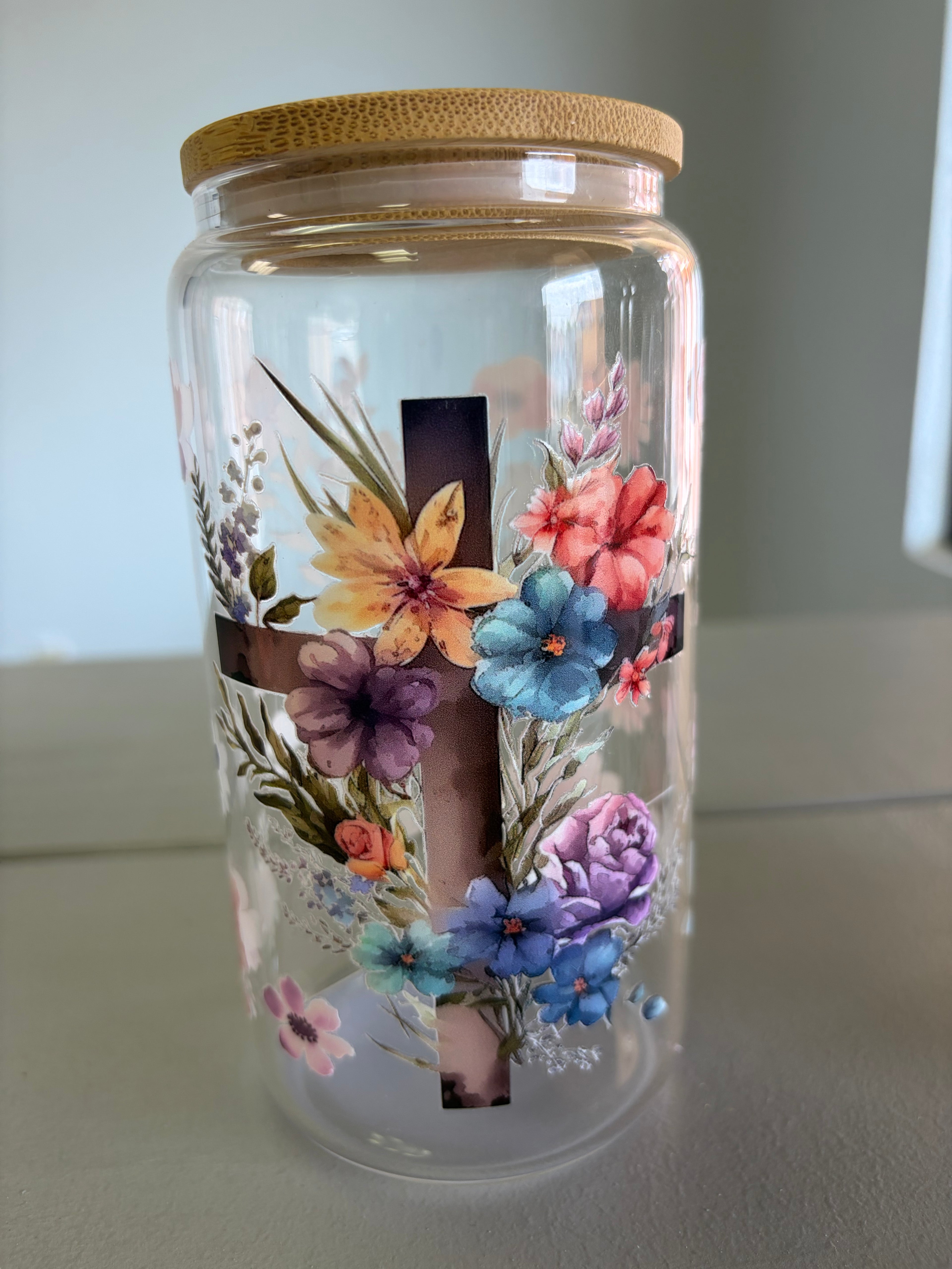 Cross Floral Glass Cup